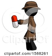 Black Detective Man Holding Red Pill Walking To Left