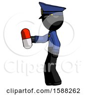 Black Police Man Holding Red Pill Walking To Left