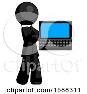 Black Clergy Man Holding Laptop Computer Presenting Something On Screen