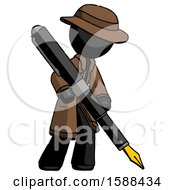 Black Detective Man Drawing Or Writing With Large Calligraphy Pen