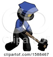 Poster, Art Print Of Black Police Man Hitting With Sledgehammer Or Smashing Something At Angle