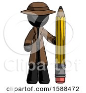 Black Detective Man With Large Pencil Standing Ready To Write