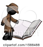 Black Detective Man Reading Big Book While Standing Beside It