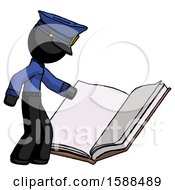 Black Police Man Reading Big Book While Standing Beside It