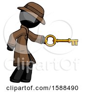 Black Detective Man With Big Key Of Gold Opening Something