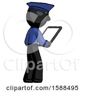 Black Police Man Looking At Tablet Device Computer Facing Away