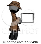 Poster, Art Print Of Black Detective Man Show Tablet Device Computer To Viewer Blank Area