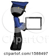 Poster, Art Print Of Black Police Man Show Tablet Device Computer To Viewer Blank Area