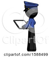 Poster, Art Print Of Black Police Man Looking At Tablet Device Computer With Back To Viewer