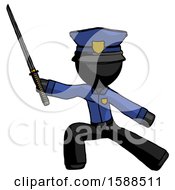 Black Police Man With Ninja Sword Katana In Defense Pose