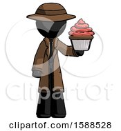 Black Detective Man Presenting Pink Cupcake To Viewer