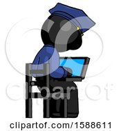Poster, Art Print Of Black Police Man Using Laptop Computer While Sitting In Chair View From Back