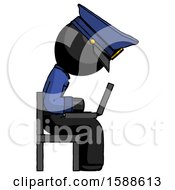 Poster, Art Print Of Black Police Man Using Laptop Computer While Sitting In Chair View From Side