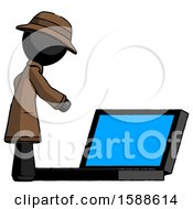 Poster, Art Print Of Black Detective Man Using Large Laptop Computer Side Orthographic View