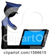 Poster, Art Print Of Black Police Man Using Large Laptop Computer Side Orthographic View