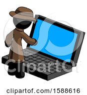 Black Detective Man Using Large Laptop Computer