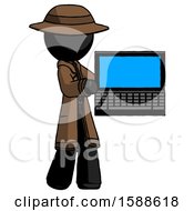 Black Detective Man Holding Laptop Computer Presenting Something On Screen