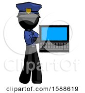 Poster, Art Print Of Black Police Man Holding Laptop Computer Presenting Something On Screen