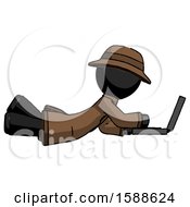 Poster, Art Print Of Black Detective Man Using Laptop Computer While Lying On Floor Side View