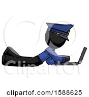Poster, Art Print Of Black Police Man Using Laptop Computer While Lying On Floor Side View