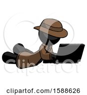 Poster, Art Print Of Black Detective Man Using Laptop Computer While Lying On Floor Side Angled View
