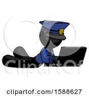 Poster, Art Print Of Black Police Man Using Laptop Computer While Lying On Floor Side Angled View