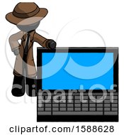 Black Detective Man Beside Large Laptop Computer Leaning Against It