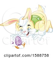 Poster, Art Print Of Yellow Easter Bunny Watching A Chick Walking As It Hatches From An Egg