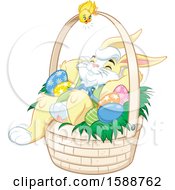 Poster, Art Print Of Yellow Bunny Rabbit Relaxing In An Easter Basket