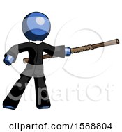 Poster, Art Print Of Blue Clergy Man Bo Staff Pointing Right Kung Fu Pose