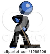 Poster, Art Print Of Blue Clergy Man Cleaning Services Janitor Sweeping Floor With Push Broom