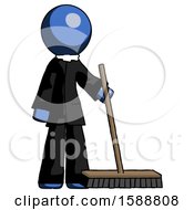 Blue Clergy Man Standing With Industrial Broom