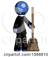 Blue Clergy Man Standing With Broom Cleaning Services