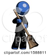 Poster, Art Print Of Blue Clergy Man Sweeping Area With Broom