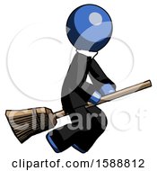 Blue Clergy Man Flying On Broom