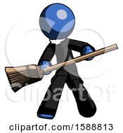 Blue Clergy Man Broom Fighter Defense Pose