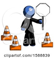 Poster, Art Print Of Blue Clergy Man Holding Stop Sign By Traffic Cones Under Construction Concept