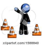 Poster, Art Print Of Blue Clergy Man Standing By Traffic Cones Waving