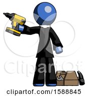 Poster, Art Print Of Blue Clergy Man Holding Drill Ready To Work Toolchest And Tools To Right