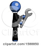 Blue Clergy Man Using Wrench Adjusting Something To Right