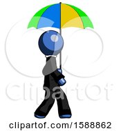 Poster, Art Print Of Blue Clergy Man Walking With Colored Umbrella