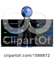 Poster, Art Print Of Blue Clergy Man With Server Racks In Front Of Two Networked Systems