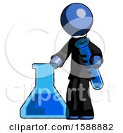 Blue Clergy Man Holding Test Tube Beside Beaker Or Flask