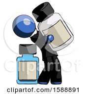 Poster, Art Print Of Blue Clergy Man Holding Large White Medicine Bottle With Bottle In Background