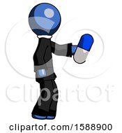 Poster, Art Print Of Blue Clergy Man Holding Blue Pill Walking To Right