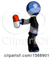 Blue Clergy Man Holding Red Pill Walking To Left