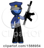 Blue Police Man Holding Automatic Gun