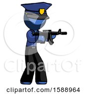 Poster, Art Print Of Blue Police Man Shooting Automatic Assault Weapon