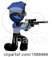 Poster, Art Print Of Blue Police Man Kneeling Shooting Sniper Rifle