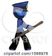 Poster, Art Print Of Blue Police Man Holding Bo Staff In Sideways Defense Pose